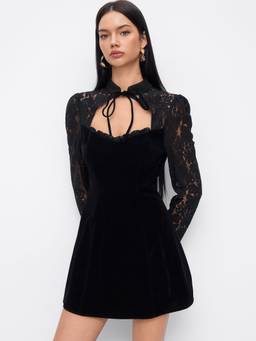 Cider - Velvet Lace Mesh Women's Stand Collar Full Sleeve Mini Dress Black