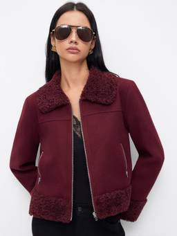 Cider - Faux Fur Trim Women Zip-Front Collar Jacket Burgundy