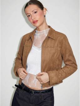 Cider - Suede Collar Women's Zip-Through Studded Jacket Camel