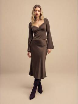 Cider - Satin Lace Women's Bell Sleeve Crop Top Skirt Set Brown