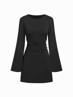 Cider - Side Belted Women's Pleated Bell Sleeve Mini Dress Black