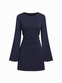 Cider - Side Belted Women's Pleated Bell Sleeve Mini Dress Navy Blue