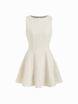 Cider - Solid Women's Boat Neck Ruffle Hem Mini Dress Beige