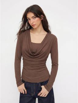Cider - Ruched Cinched Waist Women's Cowl Neck Top Coffee