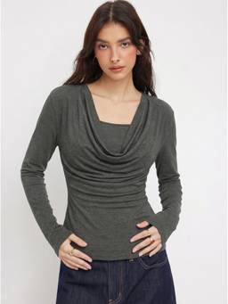 Cider - Cowl Neck Women Ruched Cinched Waist Top Grey