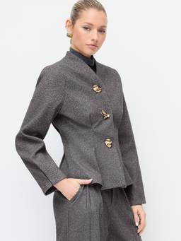 Cider - Wool-Look Women Ruched Cinched Waist V-Neck Blazer Grey
