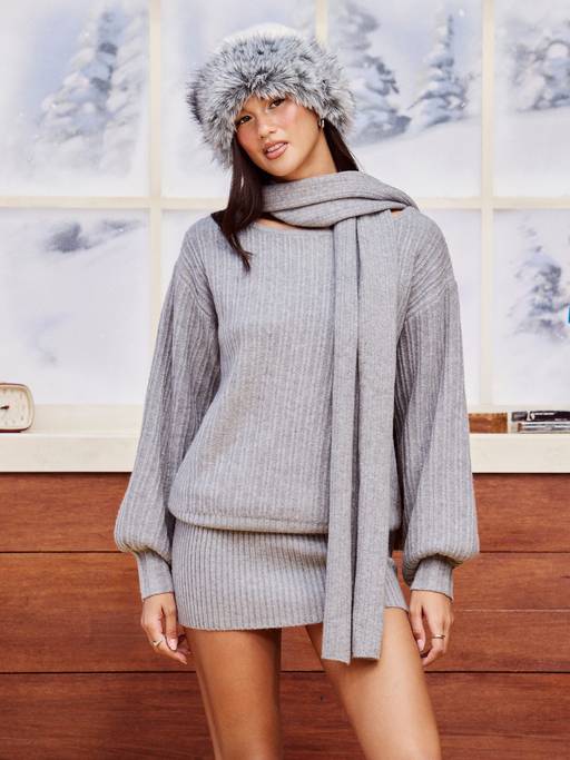 cider knitted dress Buy Knit Women's Ribbed Round Neck Full Sleeve Mini Grey (XS) Online RD-02.03.25