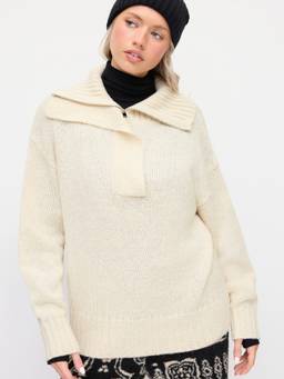 Cider - Knit Collar Women's Oversized Zip-Up Polo Sweater Cream