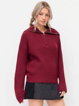 Cider - Knit Collar Women's Oversized Half Zip Ribbed Sweater Burgundy