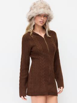 Cider - Cable Knit Women's Hooded Zip Through Mini Dress Brown