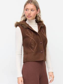 Cider - Hooded Women's Cable Knit Faux Fur Button Sweater Vest Brown