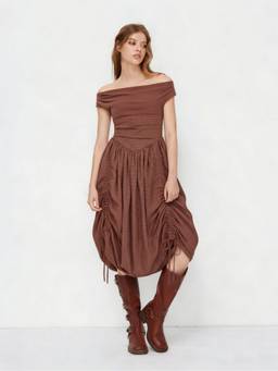 Cider - Cotton Women's Off-Shoulder Checked Draped Maxi Dress Wine