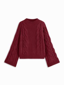 Cider - Cable Knit Women Oversized Round Neck Pullover Sweater Burgundy