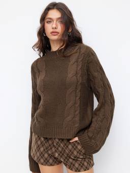 Cider - Cable Knit Women Oversized Round Neck Pullover Sweater Brown