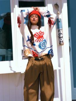 Cider - Knit Women's Seafood Print High Neck Oversized Top Beige