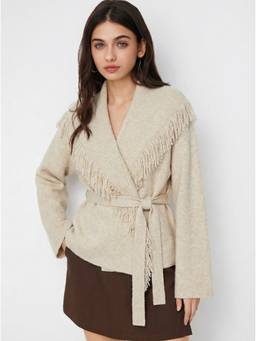 Cider - Fringed Women's Belted Wrap Shrug Beige