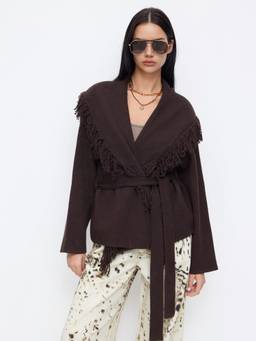 Cider - Fringed Women's Wool Blend Belted Wrap Shrug Coffee