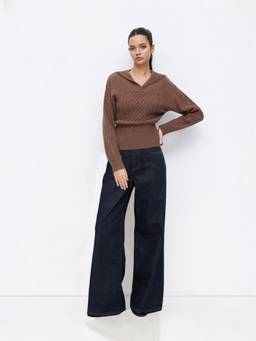 Cider - Cable Knit Women Cinched Waist Collar Neck Top Brown