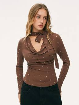 Cider - Knotted Polka Dot Women's Cowl Neck Long Sleeve Top Brown