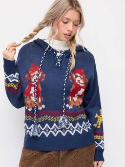 Cider - Knit Dog Women's Oversized Hooded Pullover Hoodie Navy Blue