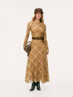 Cider - Mesh Women's Boat Neck Plaid Asymmetrical Flared Maxi Dress Khaki