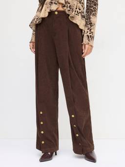 Cider - Corduroy Women's Mid-Rise Metal Button Straight-Leg Trousers Brown