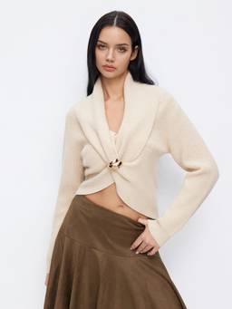 Cider - Knit Women's Twisted V-Neck Full Sleeve Crop Top Beige