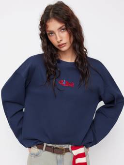Cider - Cotton Blend Women's Fish Embroidery Round Neck Oversized T-Shirt Navy Blue