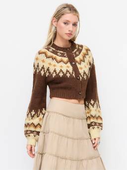 Cider - Fair Isle Women Button-Up Round Neck Cardigan Brown
