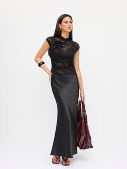 Cider - Lace Women's Ruched Mandarin Neck Skirt Set Black