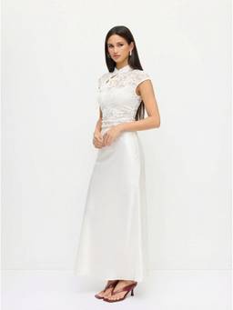 Cider - Lace Women's Ruched Mandarin Neck Skirt Set Ivory