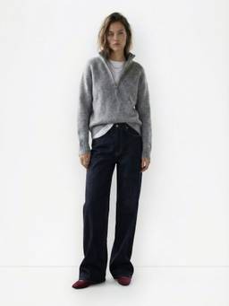 Cider - Knit Wool-Blend Women's Oversized Half-Zip Sweater Grey