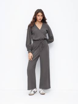 Cider - Jersey Women's V-Neck Drawstring Wide-Leg Jumpsuit Dark Grey
