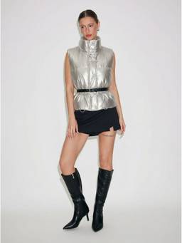 Cider - Drawstring Women Stand Collar Oversized Puffer Vest Silver