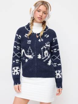 Cider - Snowflake Knit Women's Oversized Zip-Through Cardigan Navy Blue