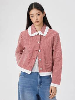 Cider - Ruffle Collar Women's Striped Denim Jacket Red