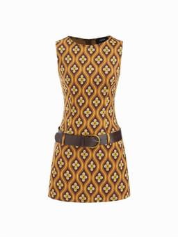 Cider - Floral Women's Boat Neck Belted Zipper Mini Dress Brown
