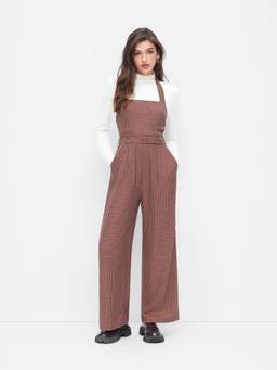 Cider - Houndstooth Women's Sleeveless Halter Wide-Leg Jumpsuit Wine