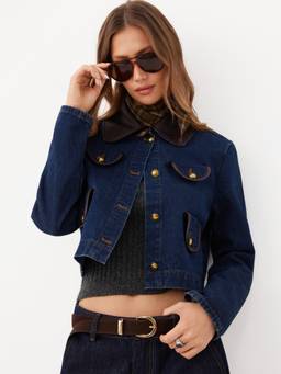 Cider - Washed Denim Women's Faux Leather Collar Denim Jacket Dark Navy