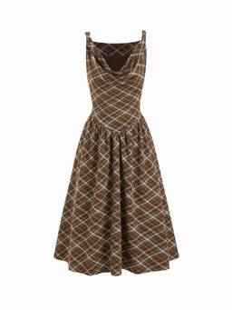 Cider - Tartan Plaid Women's Cowl Neck Twist A-Line Midi Dress Brown