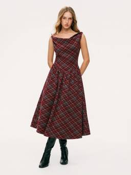 Cider - Tartan Plaid Women's Twist A-Line Midi Dress Wine