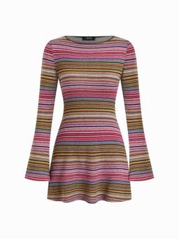 Cider - Jersey Women's Striped Bell Sleeve Flared Mini Dress Magenta