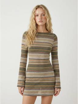 Cider - Jersey Women Striped Boat Neck Bell Sleeve Flared Mini Dress Olive