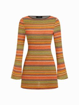Cider - Jersey Boat Neck Women's Striped Bell Sleeve Mini Dress Orange
