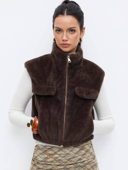 Cider - Faux Fur Women's Stand Collar Zip-Front Oversized Jacket Brown