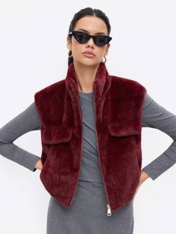Cider - Faux Fur Women's Zip-Front Stand Collar Jacket Red