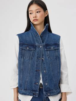 Cider - Stand Collar Women's Oversized Denim Vest Jacket Navy Blue