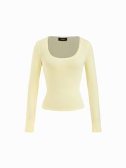 Cider - Pointelle Women's Bow Lace Scoop Neck Tee Yellow