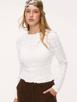 Cider - Textured Women's Ruched Round Neck Lace Top White
