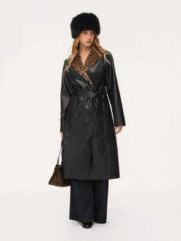 Cider - Leopard Faux Fur Trim Women's Double-Breasted Coat Black